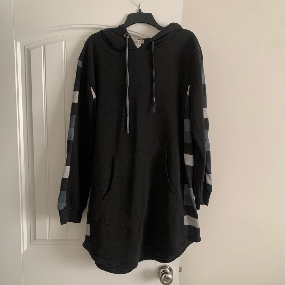 Black Hoodie with Striped Sleeves